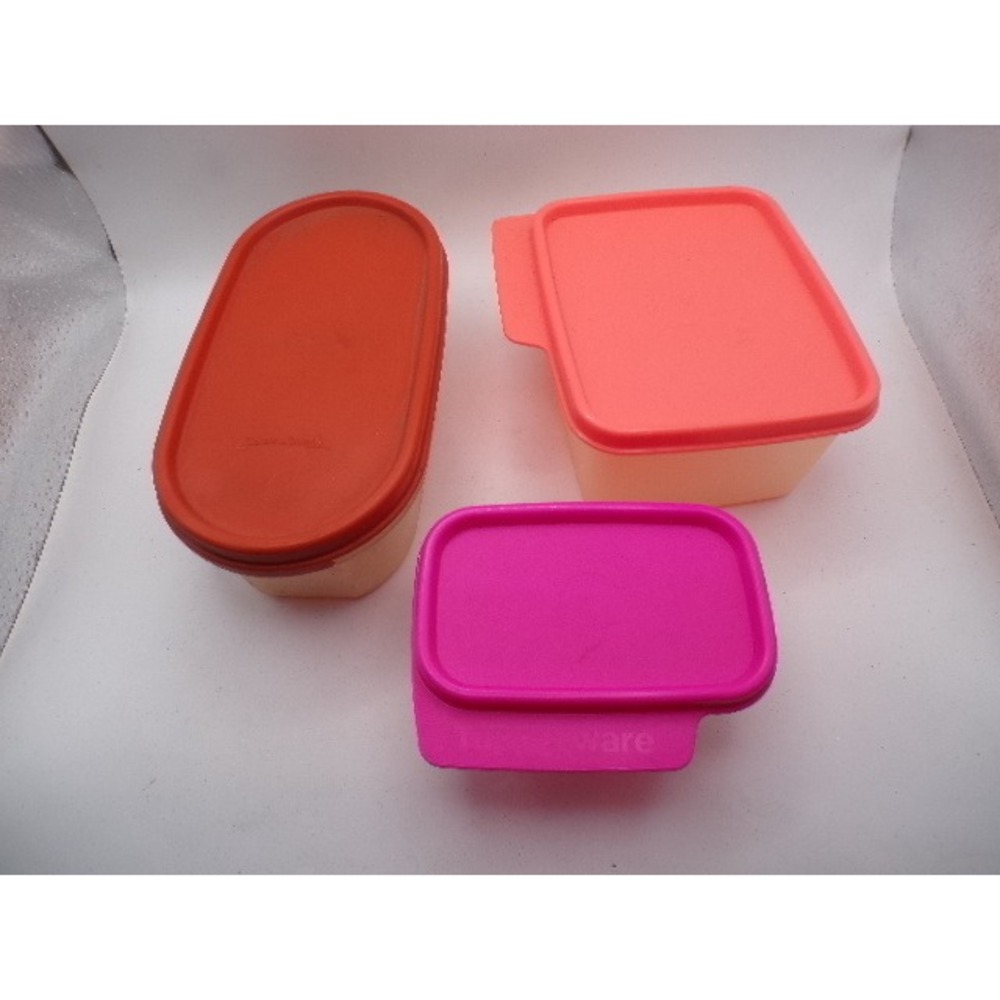Vintage Tupperware Modular Mates Set 3 Clear Bases Red Pink Coral Lids Retro